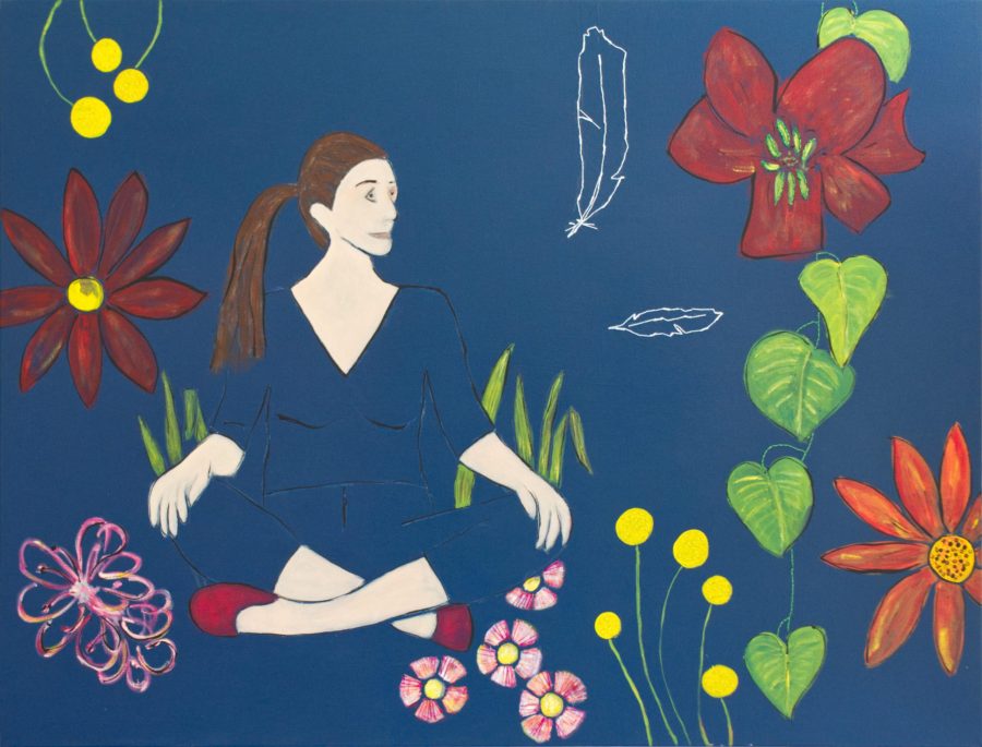 Artwork of woman sitting among flowers
